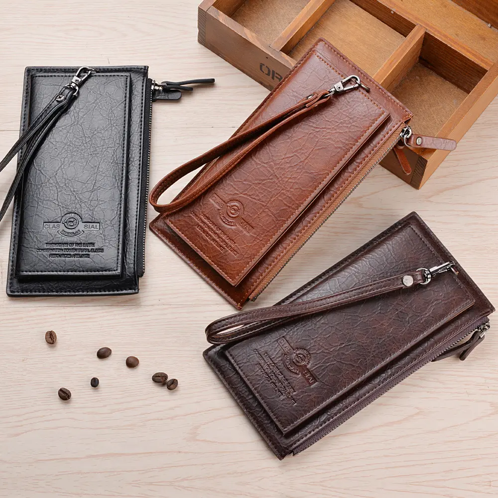 Vintage Men's Long Wallet PU Leather Zipper Wallet With Multiple Card Slots & Zipper Pocket