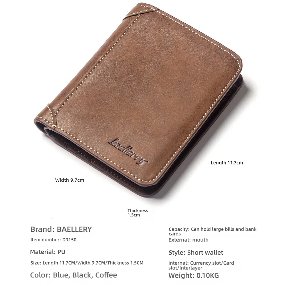 Men's Classic Short PU Wallet Zipper Closure Anti-Theft Vintage Design Business Card Holder