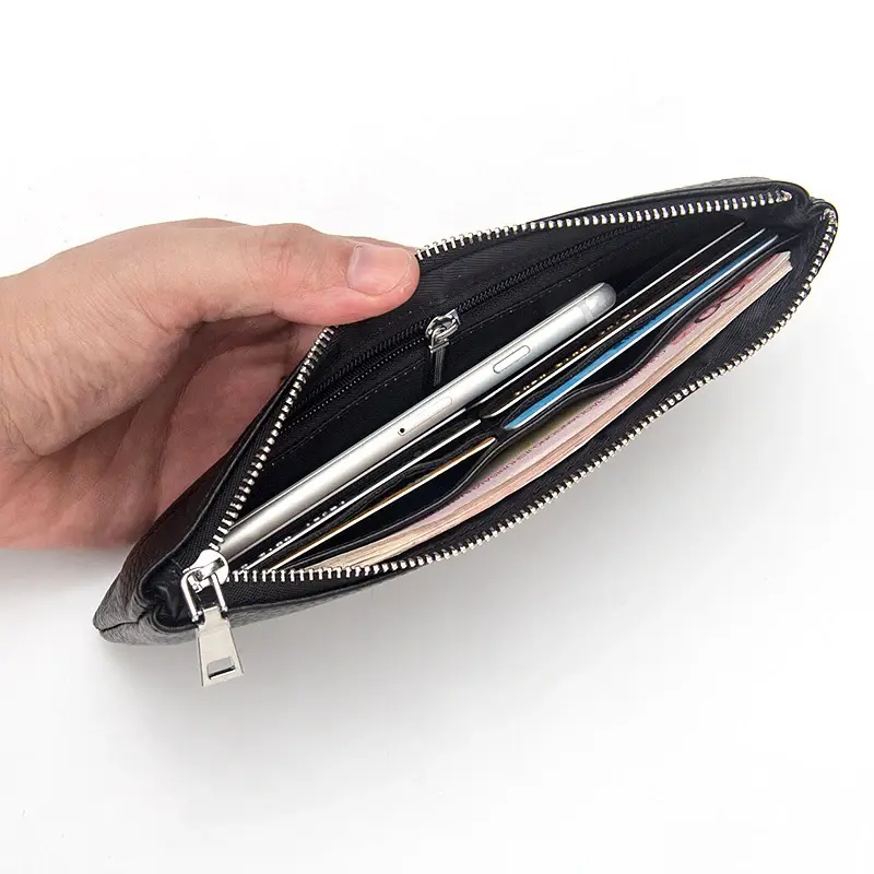 New Men Long Wallets Genuine Leather Men's Slim Soft Zipper Purse Card Holder Phone Pocket Multifunctional Large Capacity Clutch