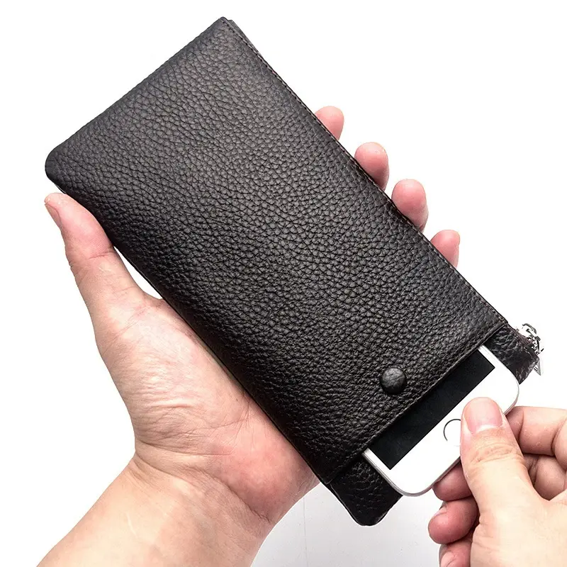 New Men Long Wallets Genuine Leather Men's Slim Soft Zipper Purse Card Holder Phone Pocket Multifunctional Large Capacity Clutch
