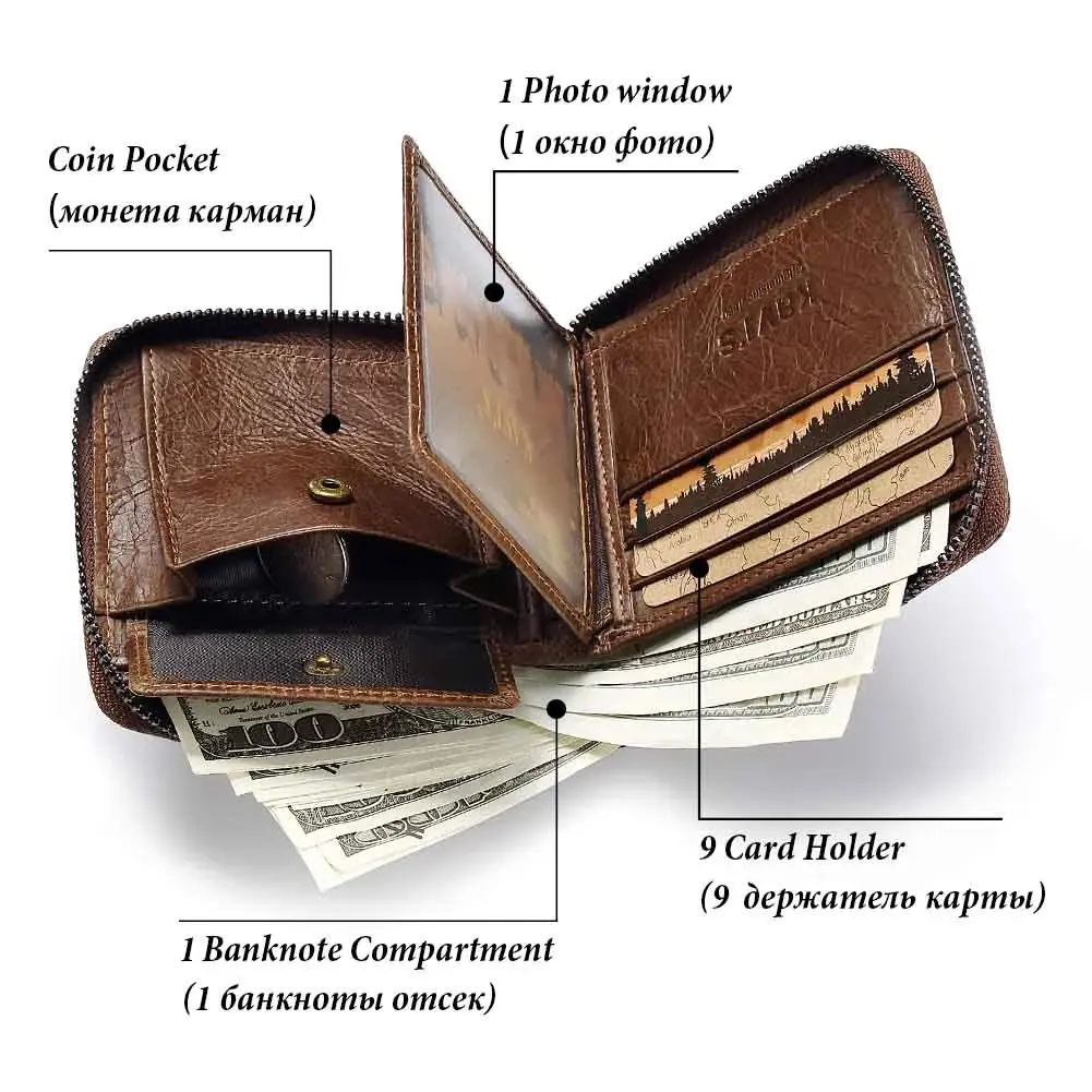 Casual Style Zipper Men Wallets Cow Leather Card Holder Small Bag Male Genuine Leather Man Purse Coin Mini Purse Men's Carteira