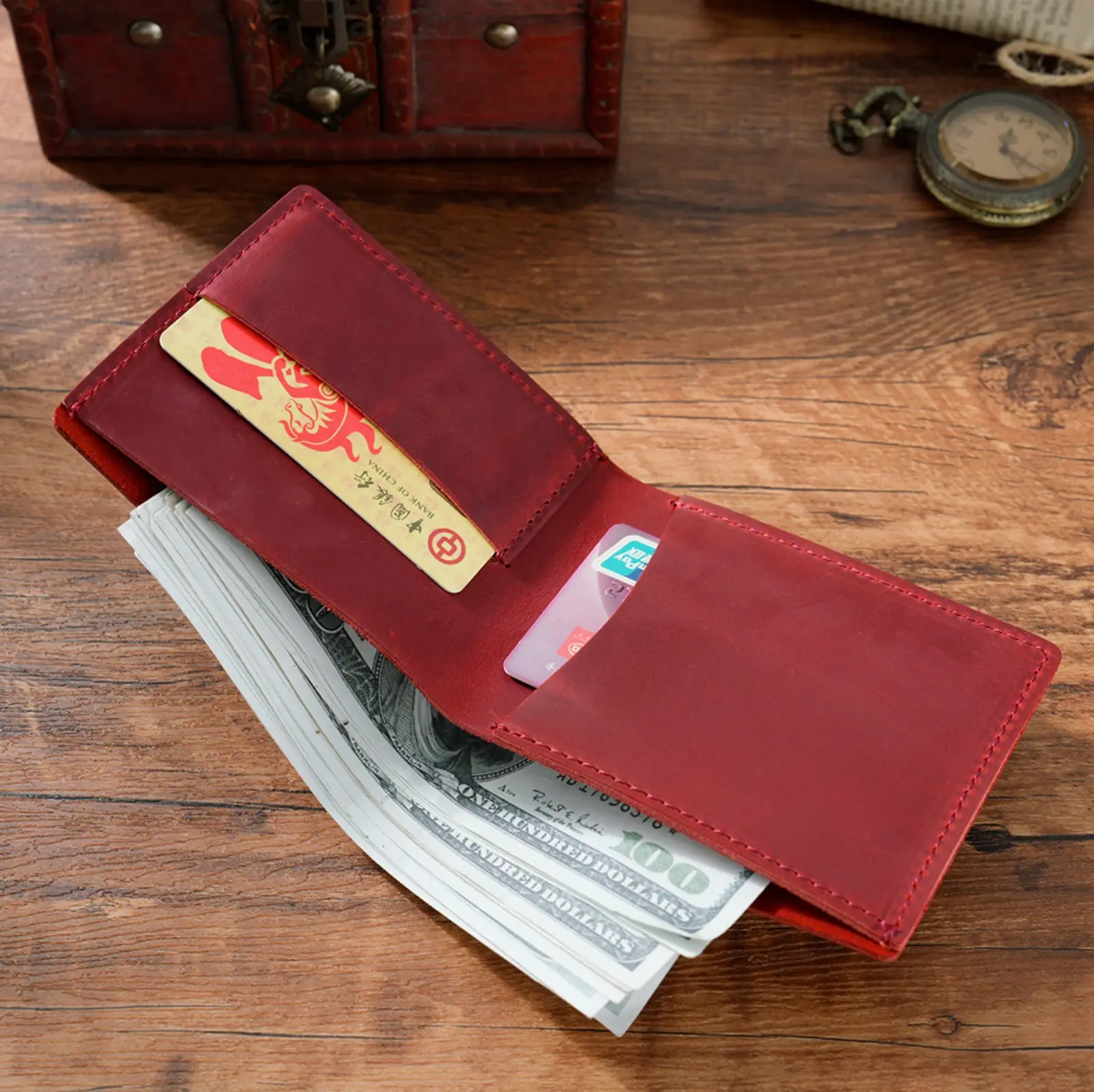 Genuine Leather Slim Bifold Wallet, Vintage Credit Card Holder Portable Short Wallet Small Money Purse