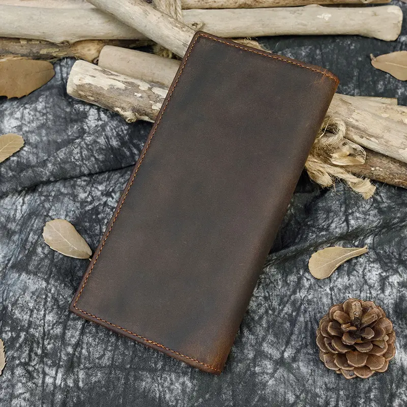 Men's Crazy Horse Leather Long Wallet Brown Cow Leather Bifold Wallet With Phone Pocket Cowhide Long Leather Purse Card Case