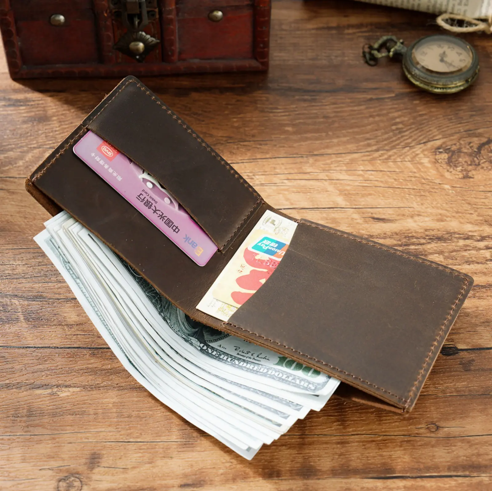 Genuine Leather Slim Bifold Wallet, Vintage Credit Card Holder Portable Short Wallet Small Money Purse