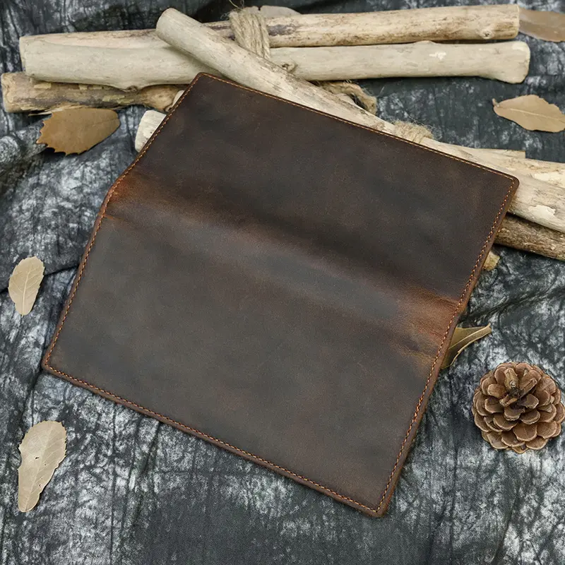 Men's Crazy Horse Leather Long Wallet Brown Cow Leather Bifold Wallet With Phone Pocket Cowhide Long Leather Purse Card Case