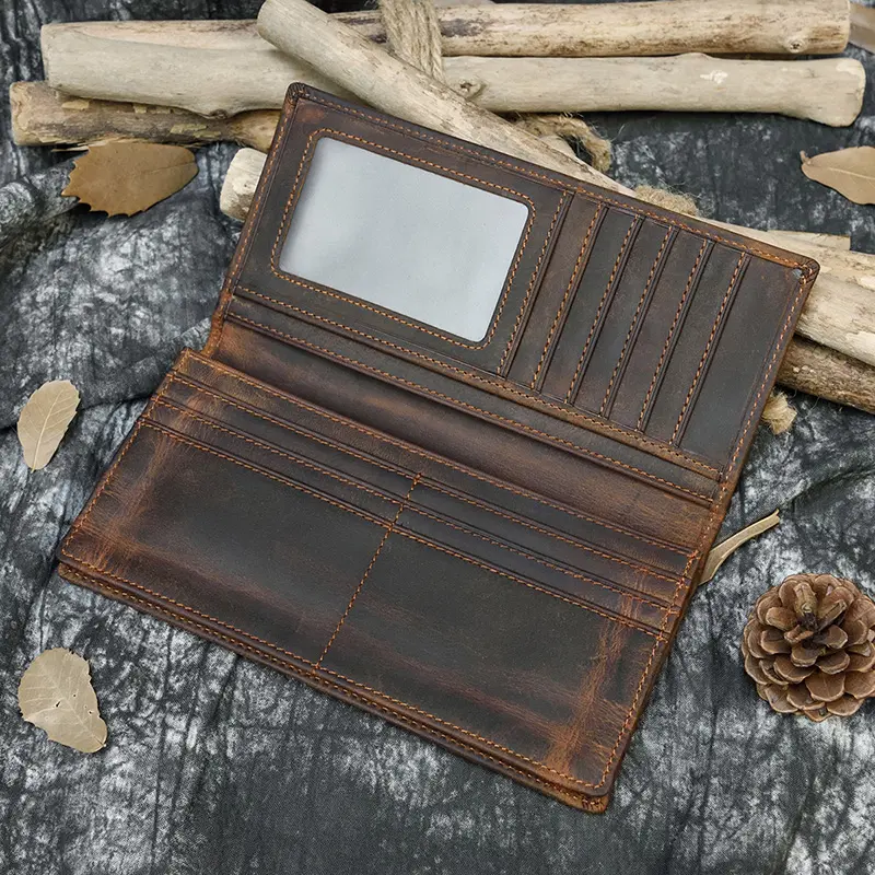 Men's Crazy Horse Leather Long Wallet Brown Cow Leather Bifold Wallet With Phone Pocket Cowhide Long Leather Purse Card Case