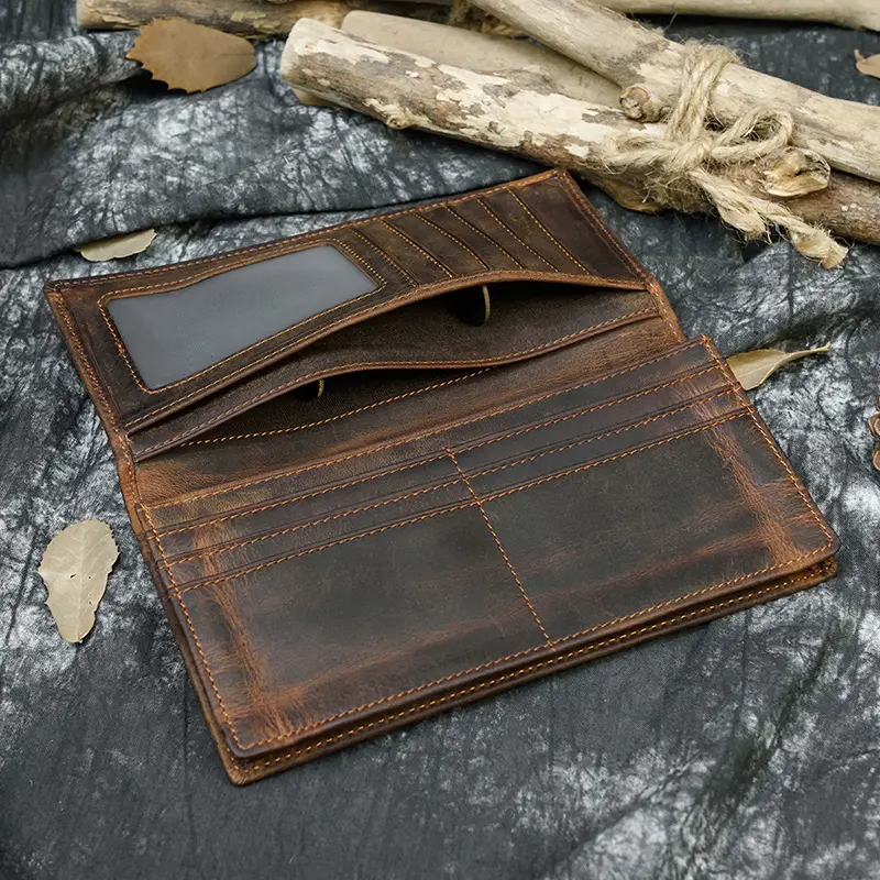 Men's Crazy Horse Leather Long Wallet Brown Cow Leather Bifold Wallet With Phone Pocket Cowhide Long Leather Purse Card Case