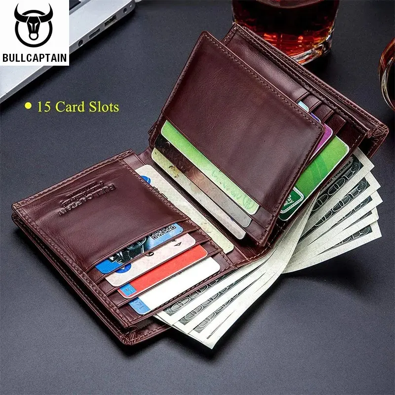 BULLCAPTAIN Large Capacity Genuine Leather Bifold Wallet Credit Card Holder for Men with 15 Card' Slots RFID Wallet