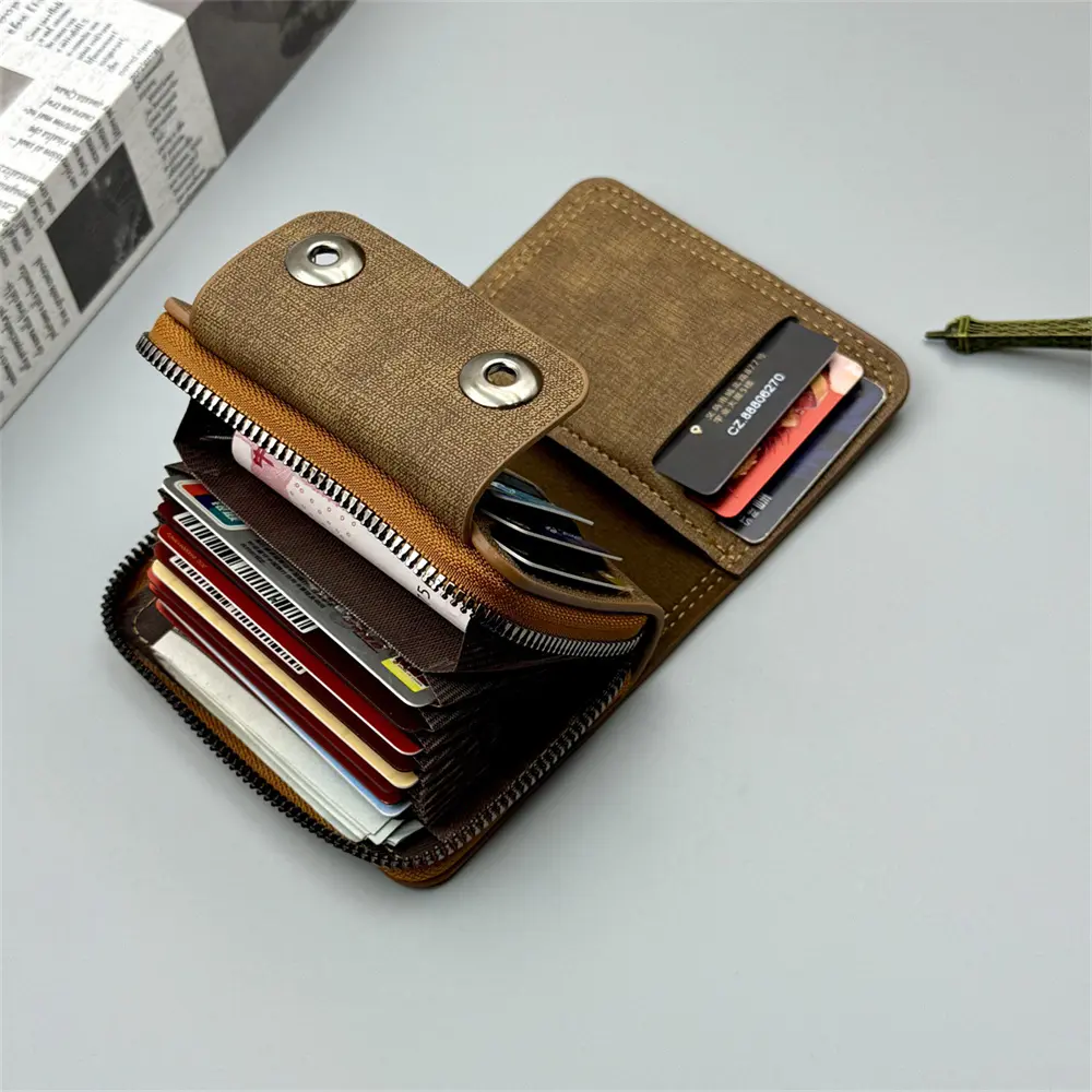 Card Holder Leather Wallet Gift Travel Business Casual Men's Double Buckle Zipper Short Coin Purse Multi-function Money Bags