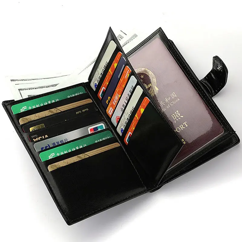 High Capacity Men's Passport Leather Wallet Multiple Card Slots and A Clear ID Window Vintage Business Card Bag