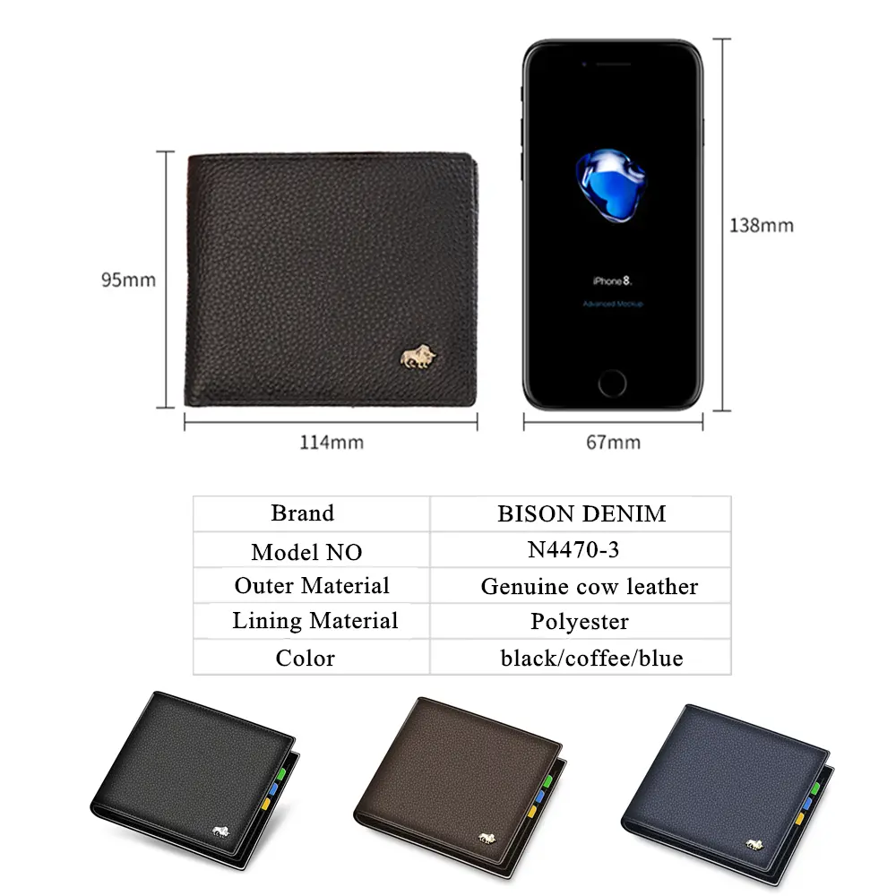 BISON DENIM Genuine Leather Men Wallets Brand Luxury RFID Bifold Wallet Zipper Coin Purse Business Card Holder Wallet N4470