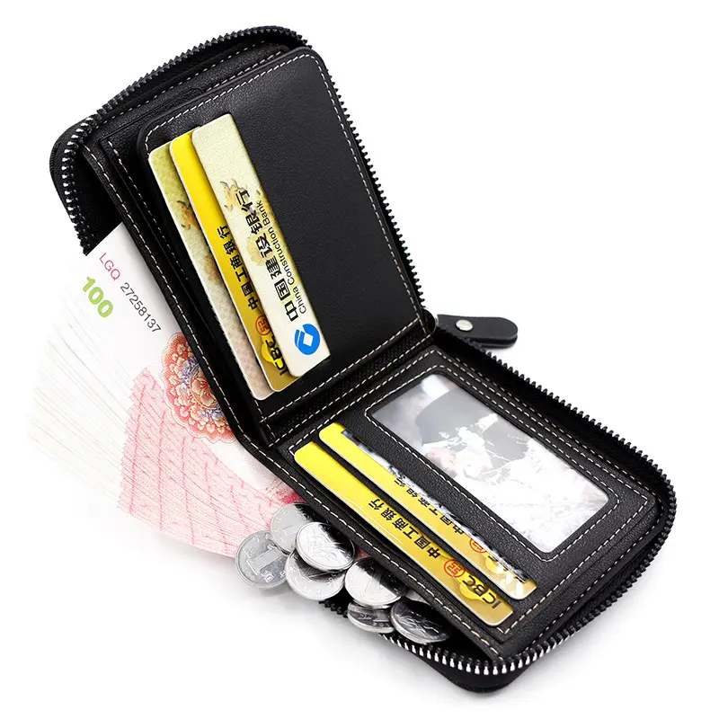 New Men Zipper Wallets Name Engraving Big Capacity Card Holder Male Purses High Quality Zipper Coin Pocket Men's Photo Holder