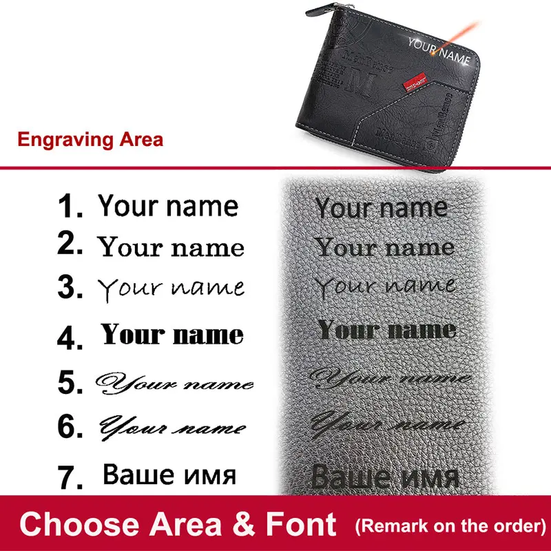 New Men Zipper Wallets Name Engraving Big Capacity Card Holder Male Purses High Quality Zipper Coin Pocket Men's Photo Holder