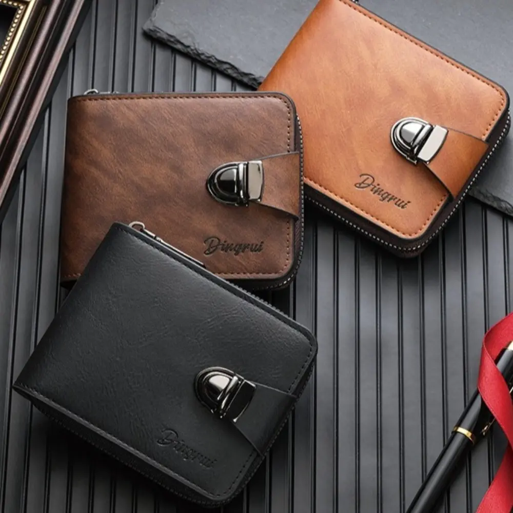 Portable Zipper Men's Wallet Buckle Solid Color Business Wallet Short Card Holder Leather Coin Purse Male