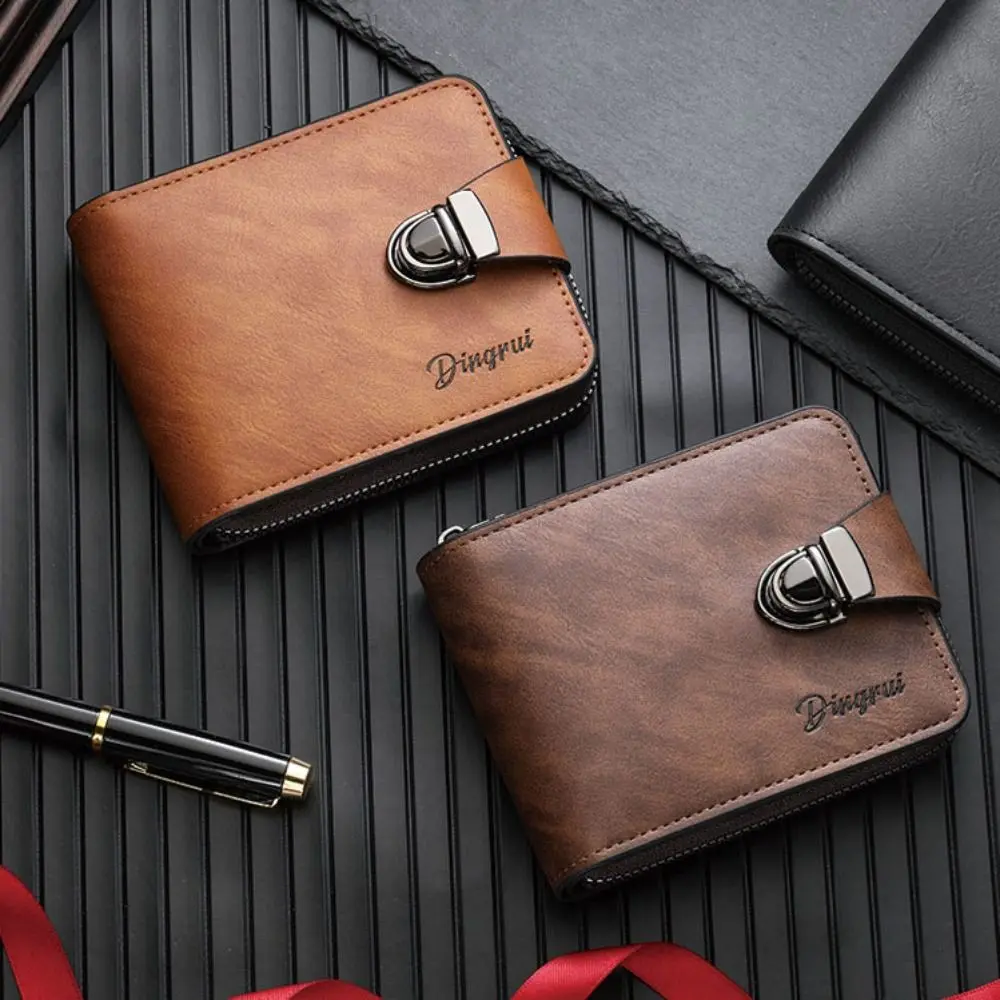 Portable Zipper Men's Wallet Buckle Solid Color Business Wallet Short Card Holder Leather Coin Purse Male