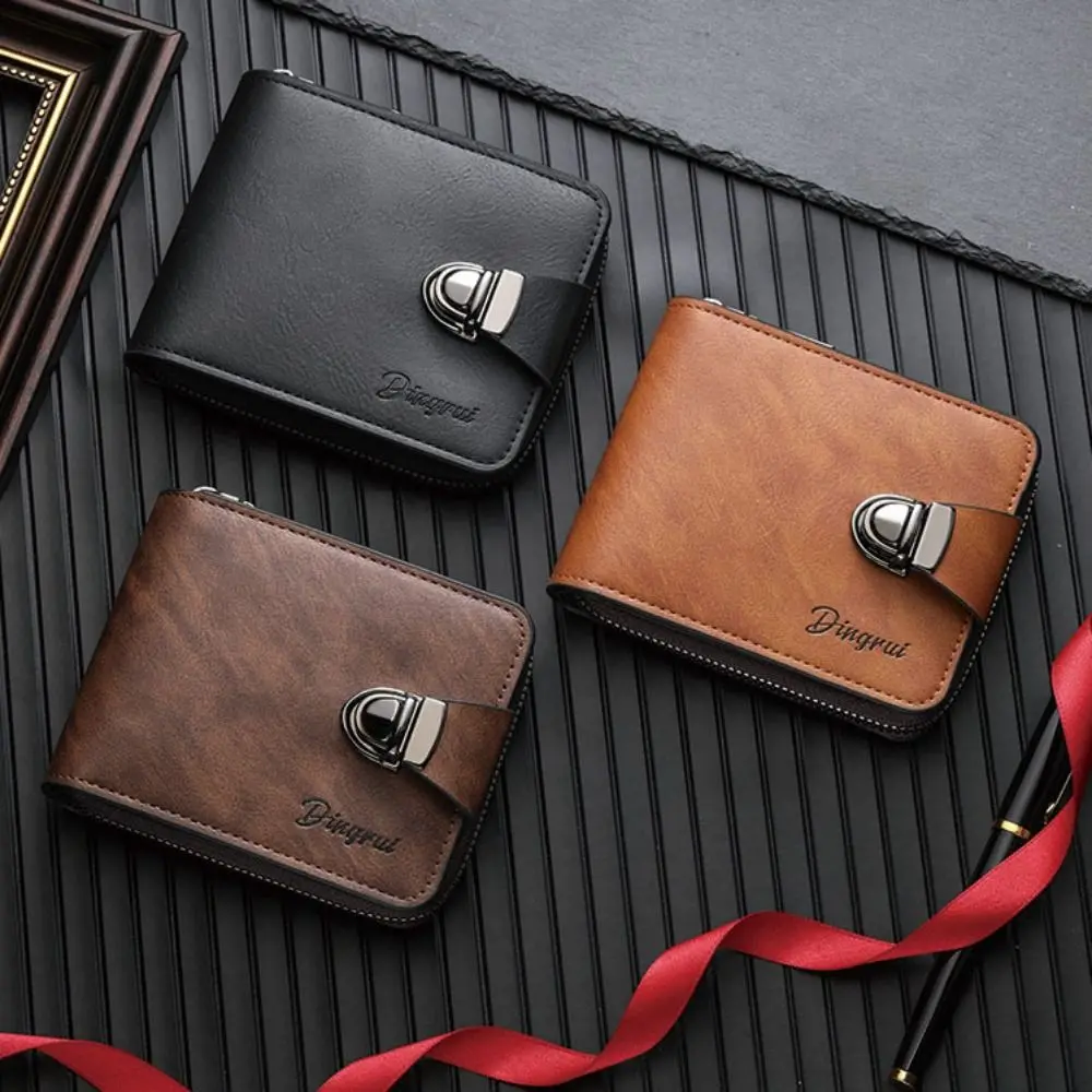 Portable Zipper Men's Wallet Buckle Solid Color Business Wallet Short Card Holder Leather Coin Purse Male