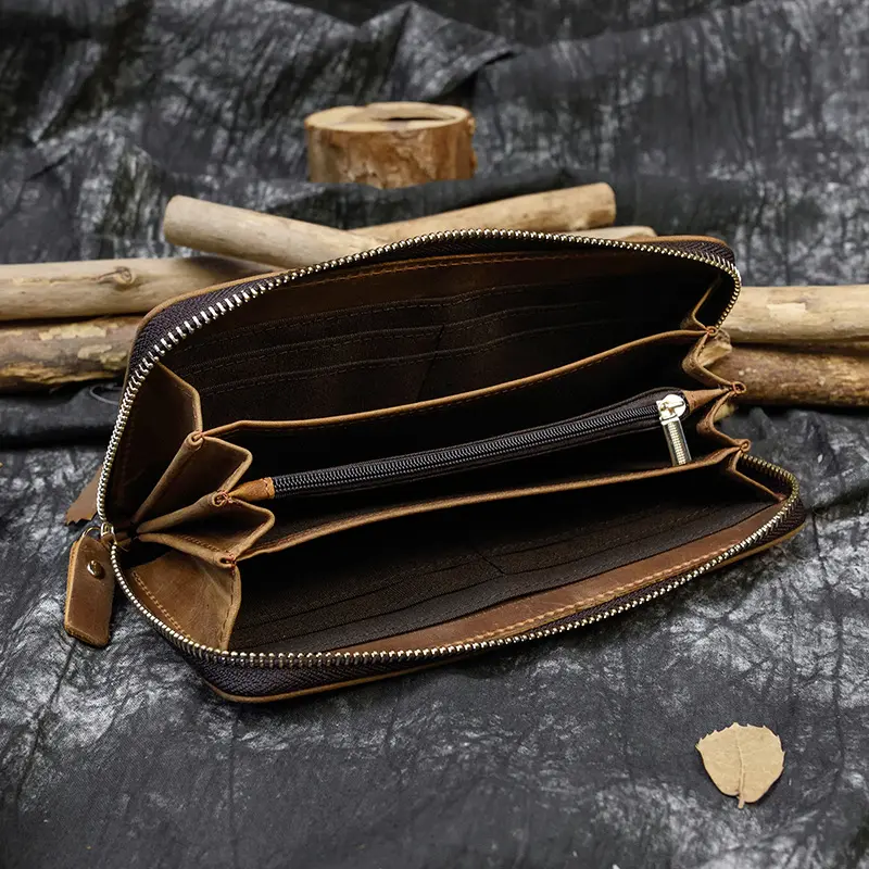 Men's crazy horse Leather long wallet Zip around genuine leather wallet Phone case purse with coin pocket 4 interlayer pocket