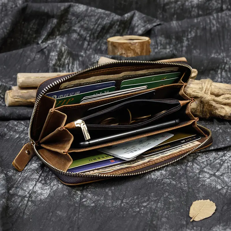 Men's crazy horse Leather long wallet Zip around genuine leather wallet Phone case purse with coin pocket 4 interlayer pocket