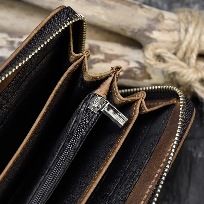 Men's crazy horse Leather long wallet Zip around genuine leather wallet Phone case purse with coin pocket 4 interlayer pocket