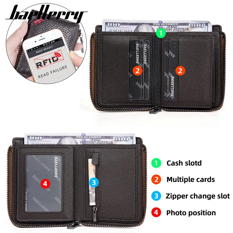 Baellerry New RFID Short Men Wallets Large Capacity Zipper Coin Pocket Male Purse Simple Credit Card Holder Business Men Wallet