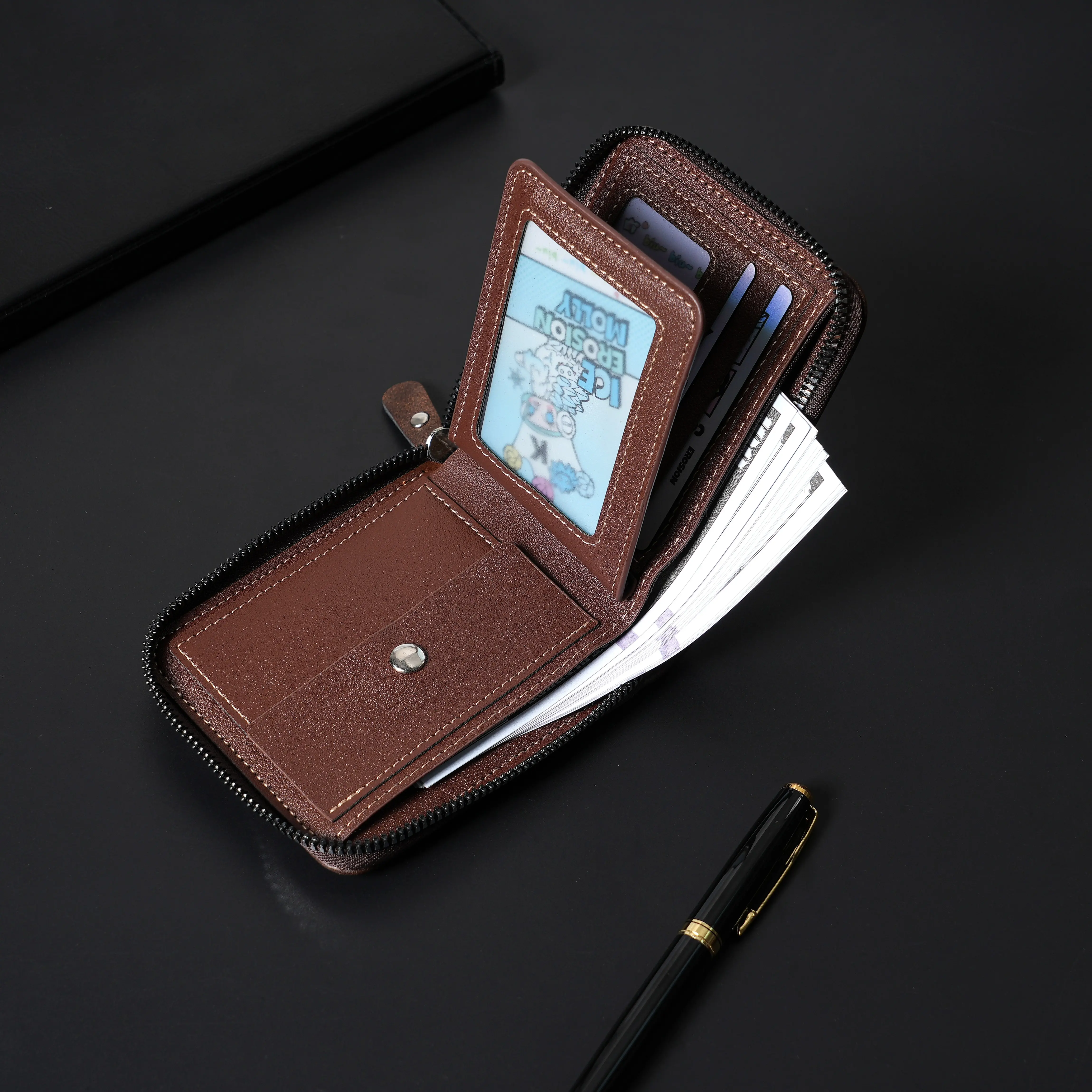 New Men's Zipper Card Holder Color Block Short Wallet PU Leather Large Capacity Card Holder Vintage Multifunctional Card Bag Coi