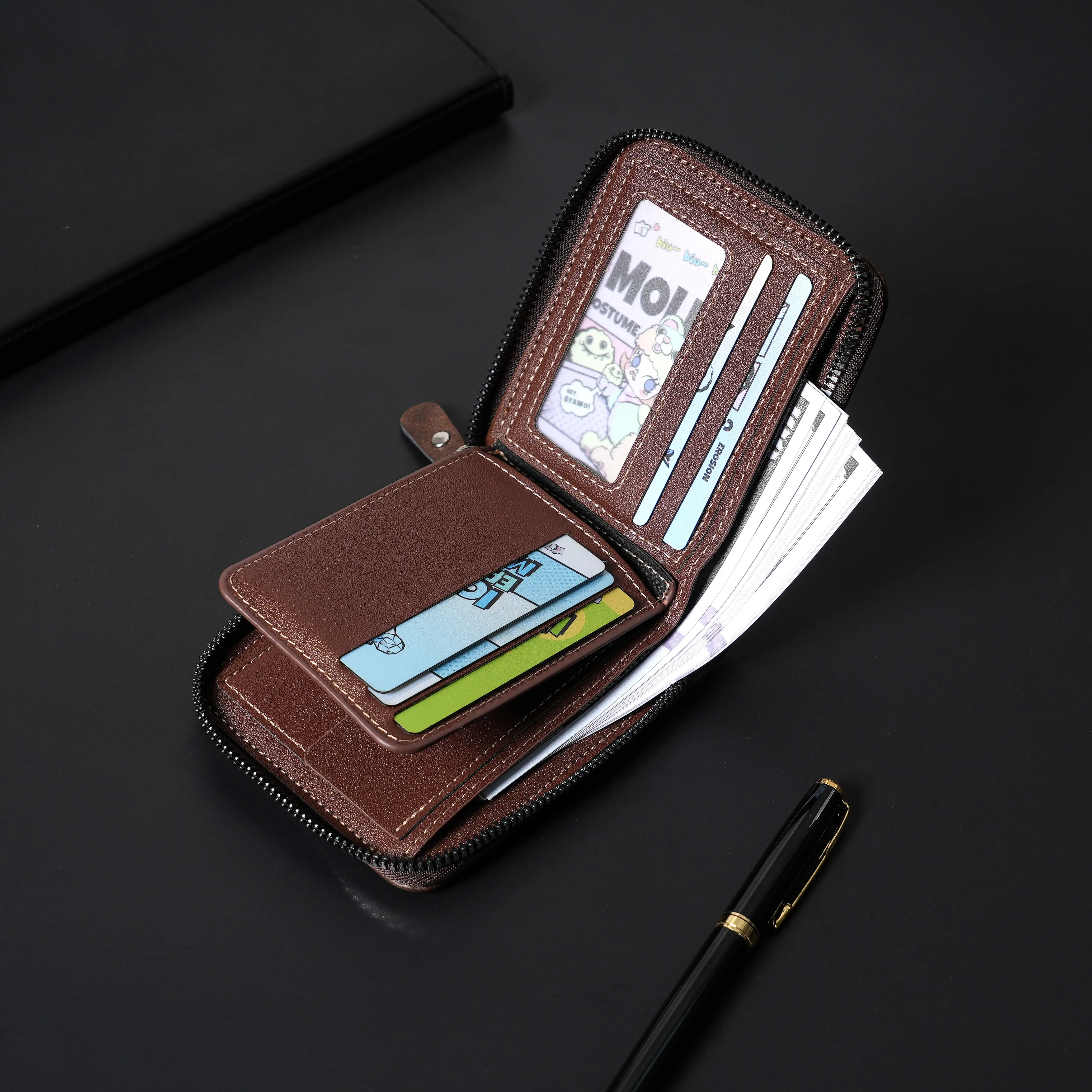 New Men's Zipper Card Holder Color Block Short Wallet PU Leather Large Capacity Card Holder Vintage Multifunctional Card Bag Coi