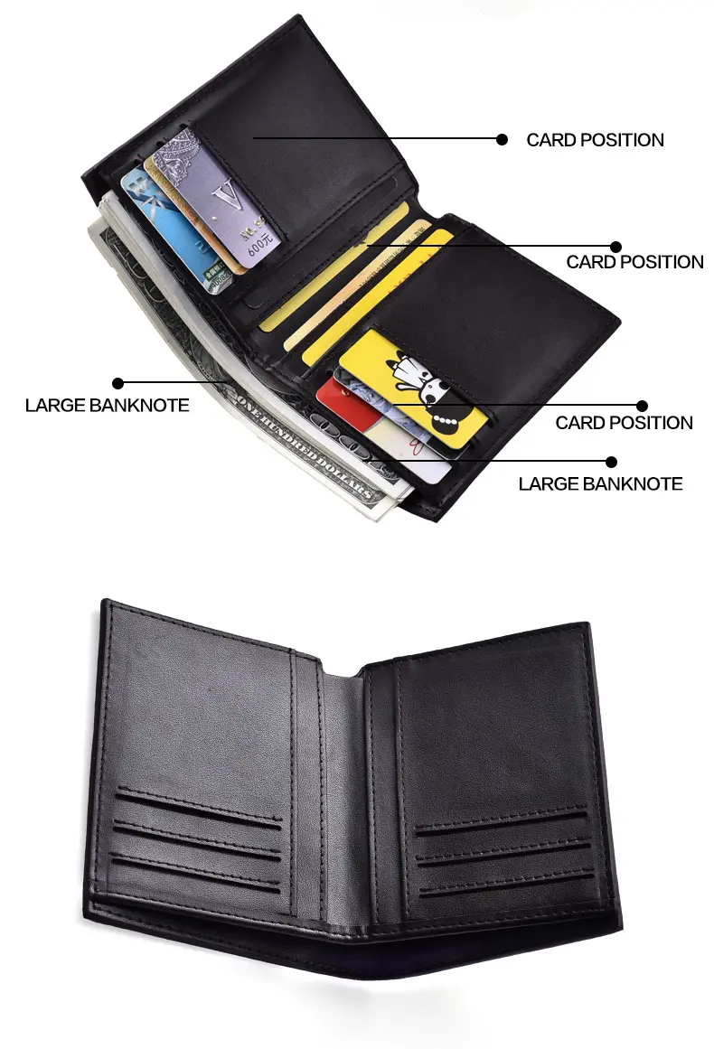 Men's Vertical Premium Leather Short Wallet Black Business Multi Function ID Credit Card Holder Two -fold Money Clip