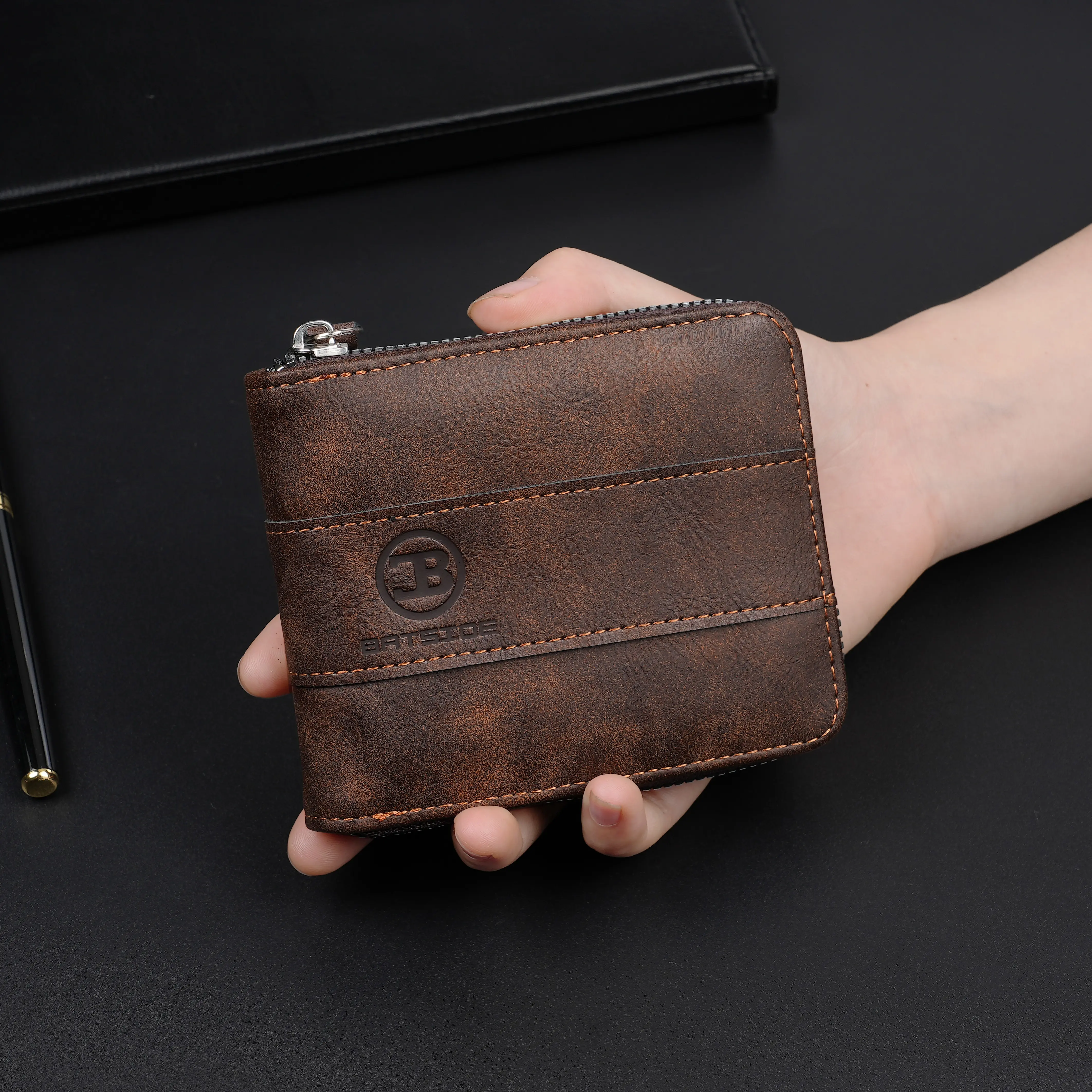 New Men's Zipper Card Holder Color Block Short Wallet PU Leather Large Capacity Card Holder Vintage Multifunctional Card Bag Coi