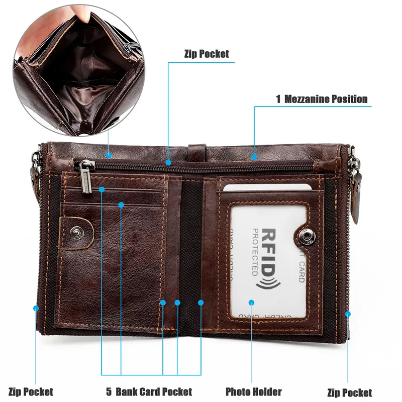 Genuine Leather Short Men RFID Wallets Name Engraving Leather Card Holder Brand Men Purse Retro Coin Pocket Zipper Male Wallet