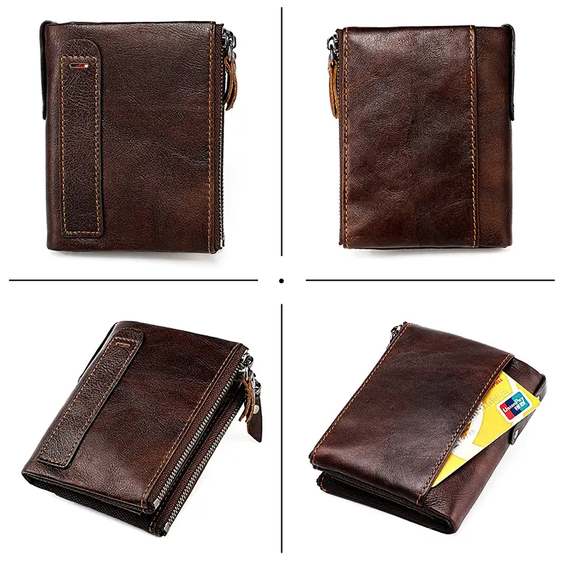 Genuine Leather Short Men RFID Wallets Name Engraving Leather Card Holder Brand Men Purse Retro Coin Pocket Zipper Male Wallet