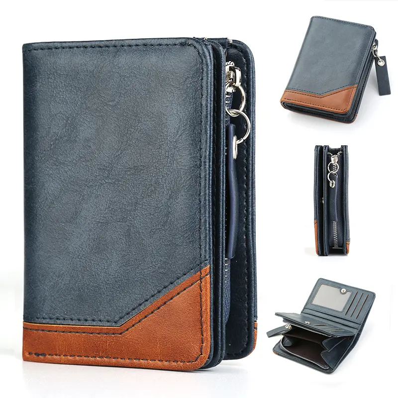 New Men Large Capacity Short Wallet With Zipper Coin Pocket Pu Leather Vintage Male Short Money Purse Card Holder