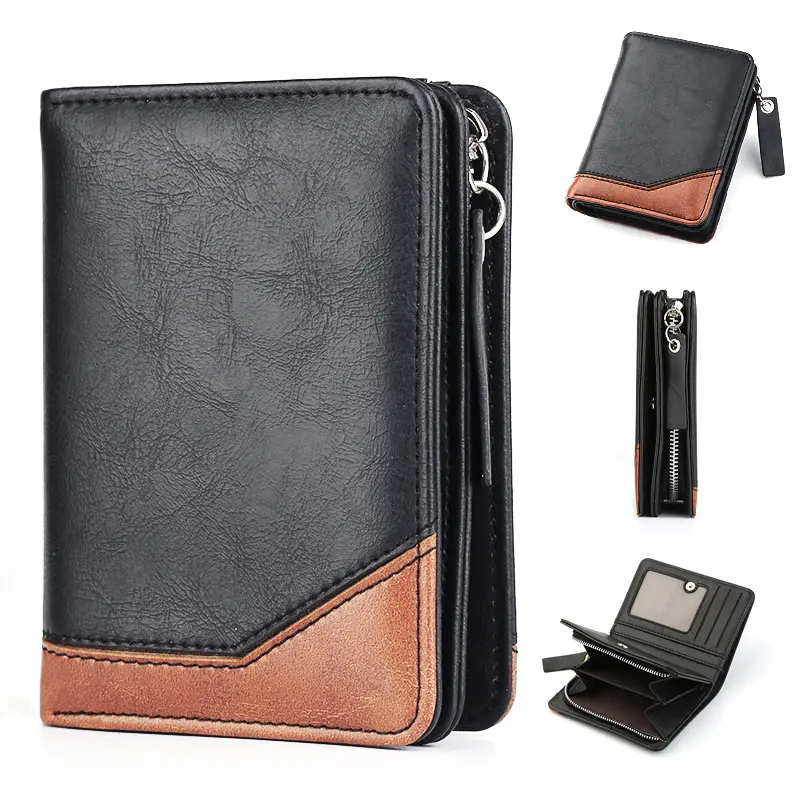 New Men Large Capacity Short Wallet With Zipper Coin Pocket Pu Leather Vintage Male Short Money Purse Card Holder
