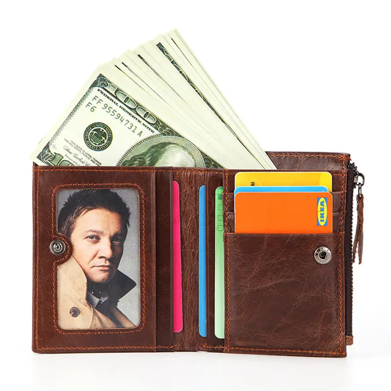 Fashion Genuine Leather Men's Short Wallet with Zipper Bag RFID Luxury Designer Wallet for Men High Quality Cardholder