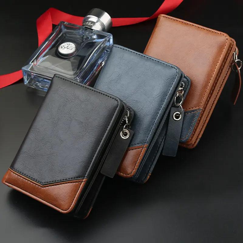 New Men Large Capacity Short Wallet With Zipper Coin Pocket Pu Leather Vintage Male Short Money Purse Card Holder