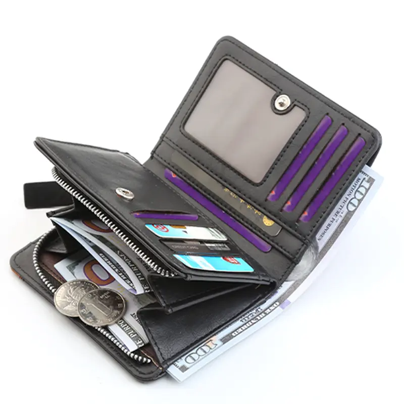 New Men Large Capacity Short Wallet With Zipper Coin Pocket Pu Leather Vintage Male Short Money Purse Card Holder