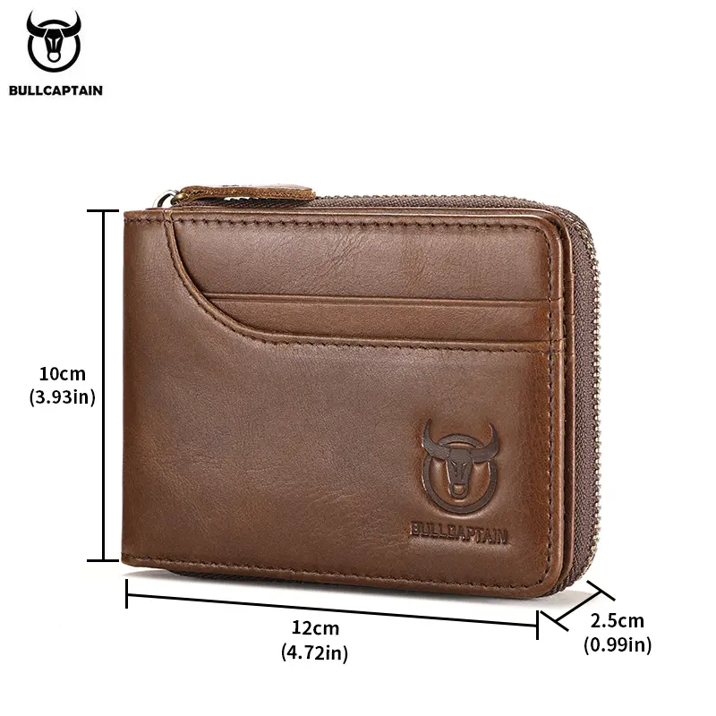 BULLCAPTAIN Genuine Leather Men Zipper Wallet RFID Blocking Bifold Wallets ID Window Credit Cards Holder with Zip Coin Pocket