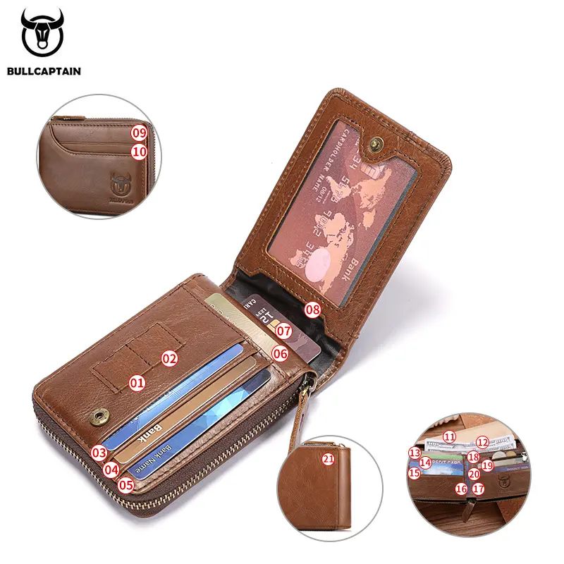 BULLCAPTAIN Genuine Leather Men Zipper Wallet RFID Blocking Bifold Wallets ID Window Credit Cards Holder with Zip Coin Pocket
