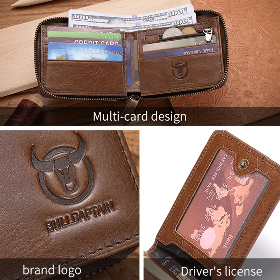 BULLCAPTAIN Genuine Leather Men Zipper Wallet RFID Blocking Bifold Wallets ID Window Credit Cards Holder with Zip Coin Pocket