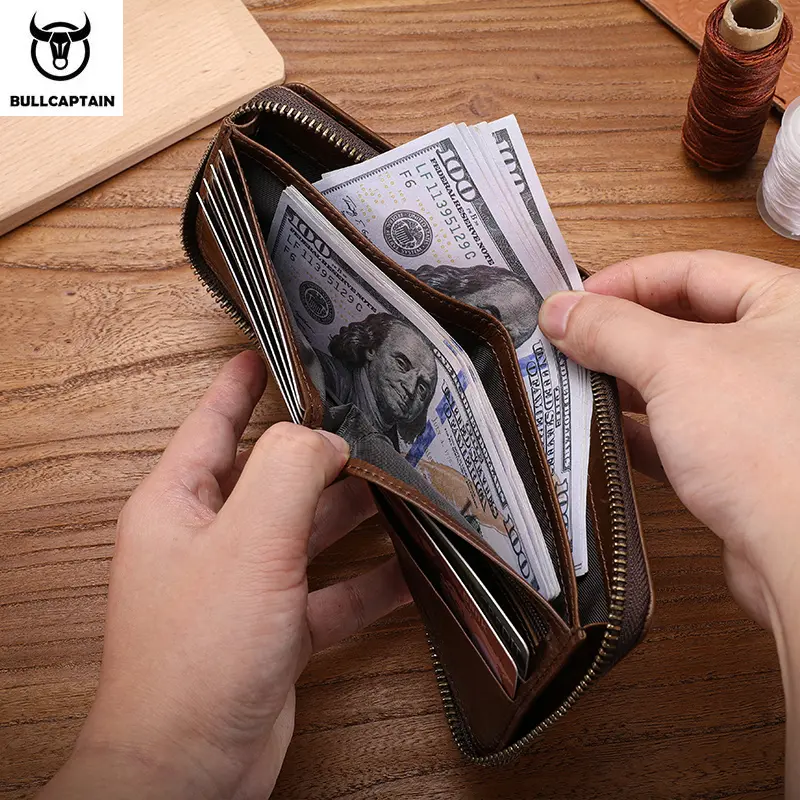 BULLCAPTAIN Genuine Leather Men Zipper Wallet RFID Blocking Bifold Wallets ID Window Credit Cards Holder with Zip Coin Pocket