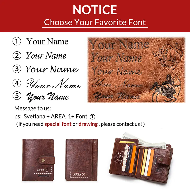 100% Genuine Leather Men Wallets Zipper Engraving Coin Purse Short Male Money Bag Quality Rfid Walet Small Card Holder Clutch