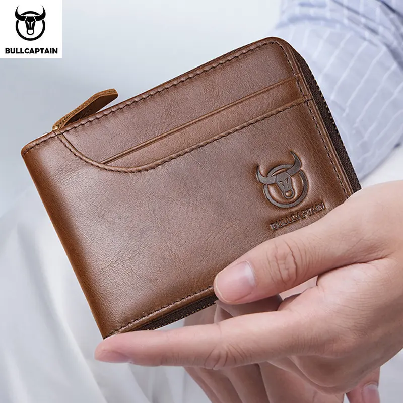 BULLCAPTAIN Genuine Leather Men Zipper Wallet RFID Blocking Bifold Wallets ID Window Credit Cards Holder with Zip Coin Pocket