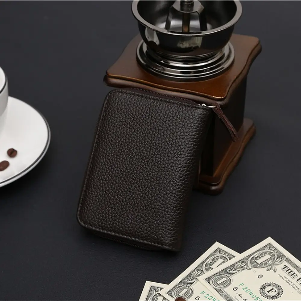 Genuine Leather Multi-card Slot Zipper Card Holder Wallet High-capacity MIni Wallets Solid Color Premium Texture