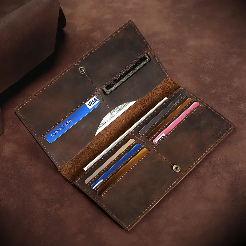 Retro Long Leather Wallet Men Foldable Business Head Layer Cowhide Handheld Bag Anti-Theft Daily Match Shopping Bag Matching
