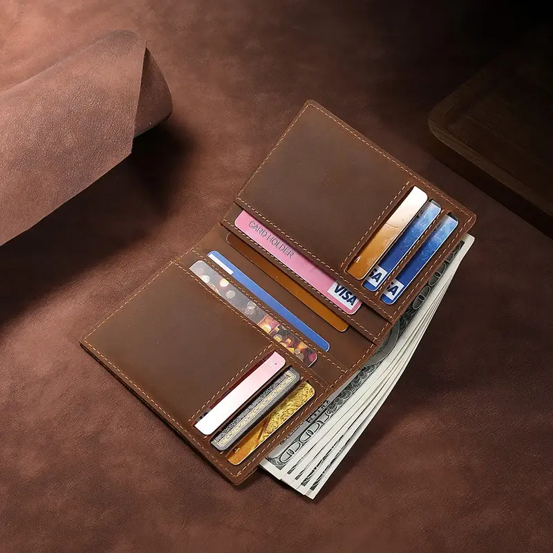Retro Long Leather Wallet Men Foldable Business Head Layer Cowhide Handheld Bag Anti-Theft Daily Match Shopping Bag Matching
