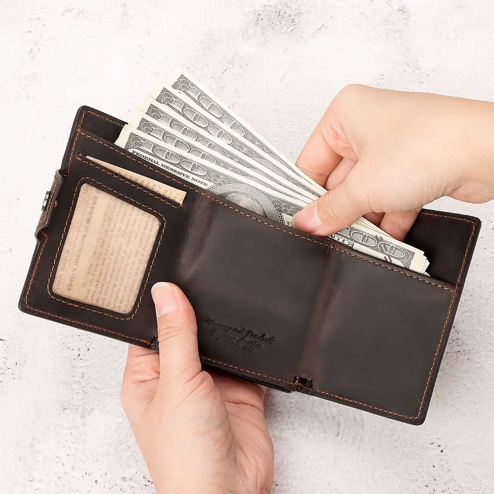 100% Genuine Leather Men's Wallet Fashion Travel Purse RFID Blocking Credit Card Holder Automatic Card Case with Apple AirTag
