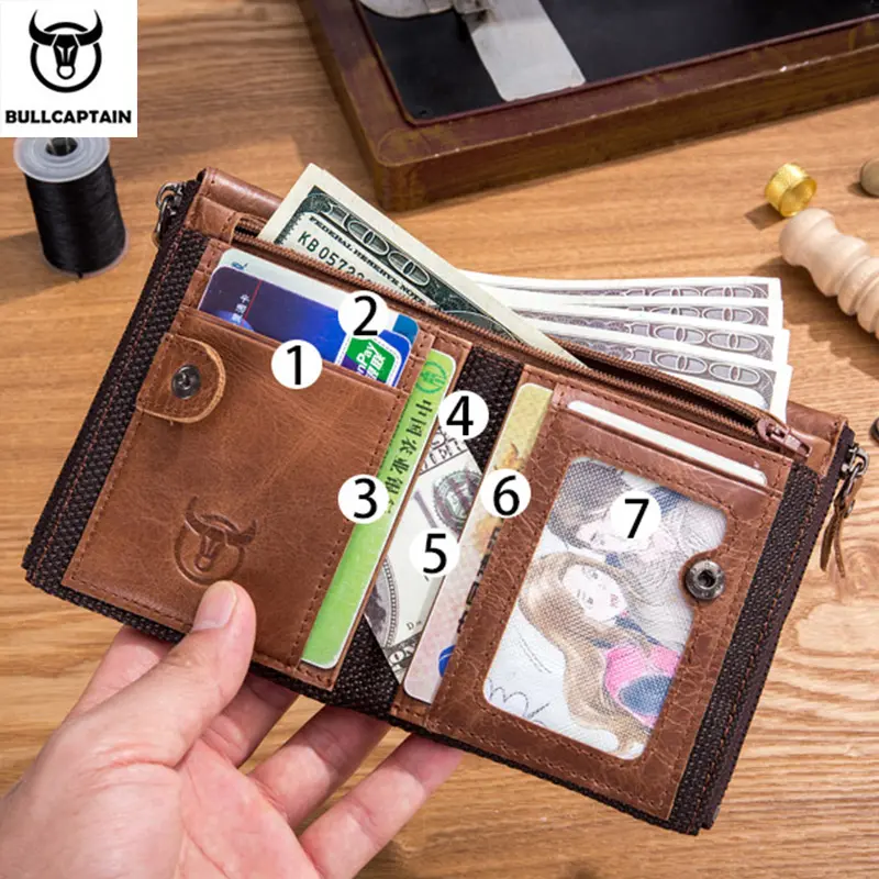 BULLCAPTAIN retro leather men's wallet leather zipper buckle short money wallet card holder coin purse RFID wallet QB06