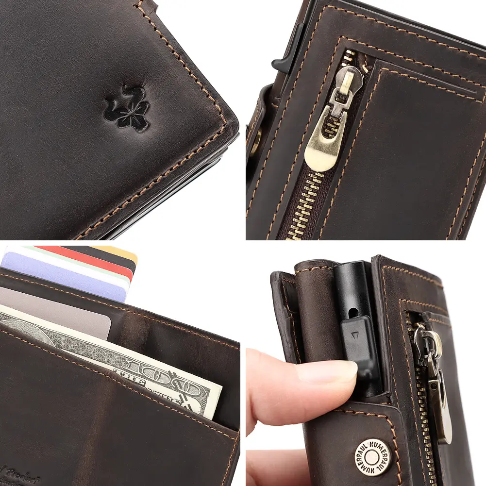 100% Genuine Leather Men's Wallet Fashion Travel Purse RFID Blocking Credit Card Holder Automatic Card Case with Apple AirTag