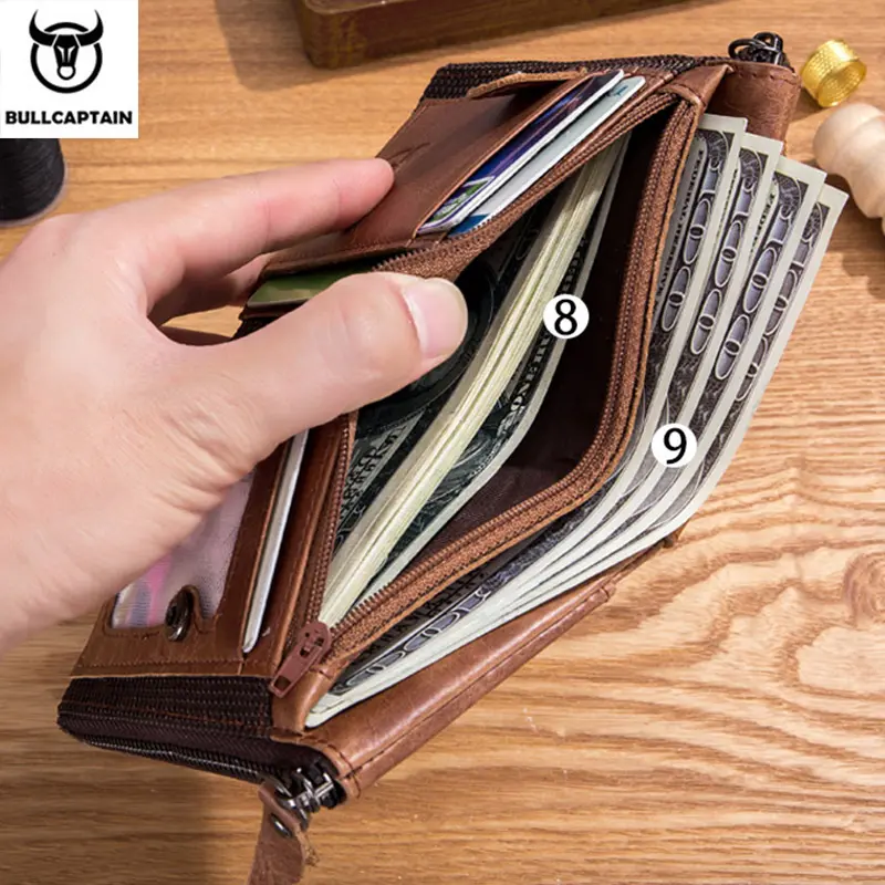 BULLCAPTAIN retro leather men's wallet leather zipper buckle short money wallet card holder coin purse RFID wallet QB06