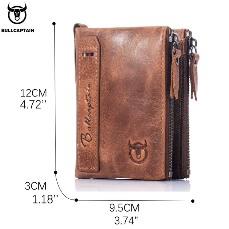 BULLCAPTAIN retro leather men's wallet leather zipper buckle short money wallet card holder coin purse RFID wallet QB06