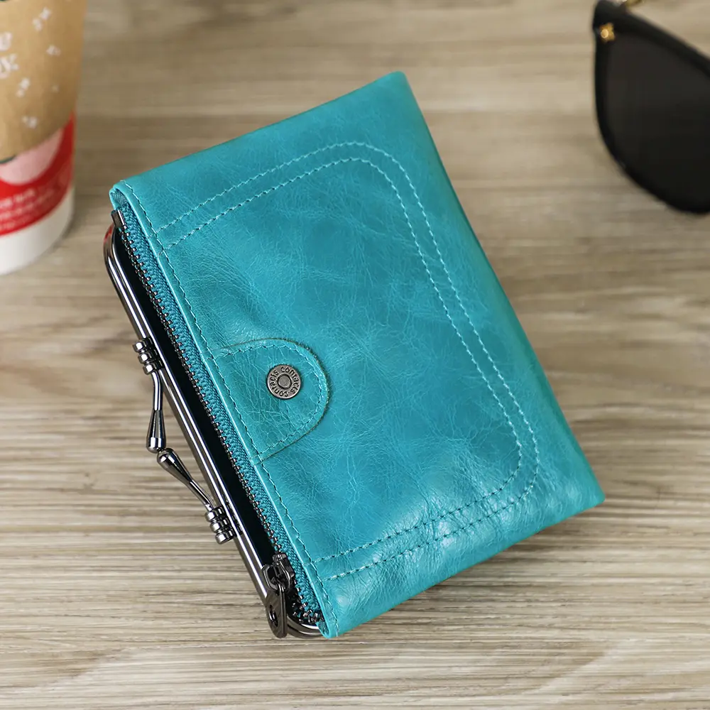 Contact'S Small Metal Frame Purse Ladies Genuine Leather Wallet Women Hasp and Zipper Purses for Woman Coins and Cards